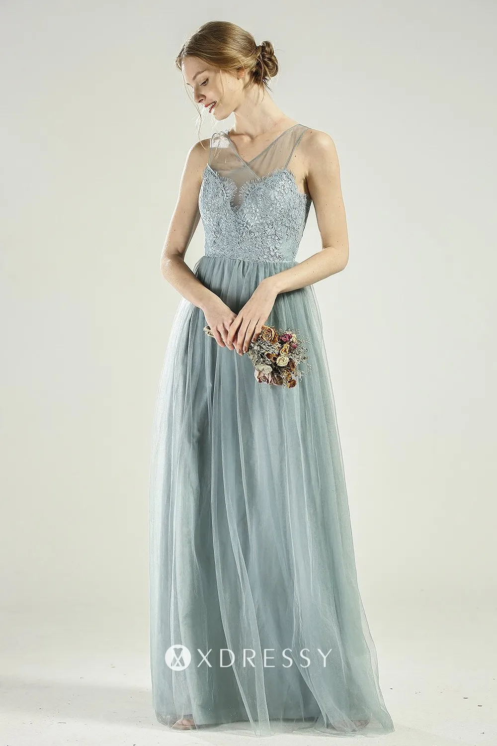 dainty dusty blue lace tulle overlay bridesmaid dress