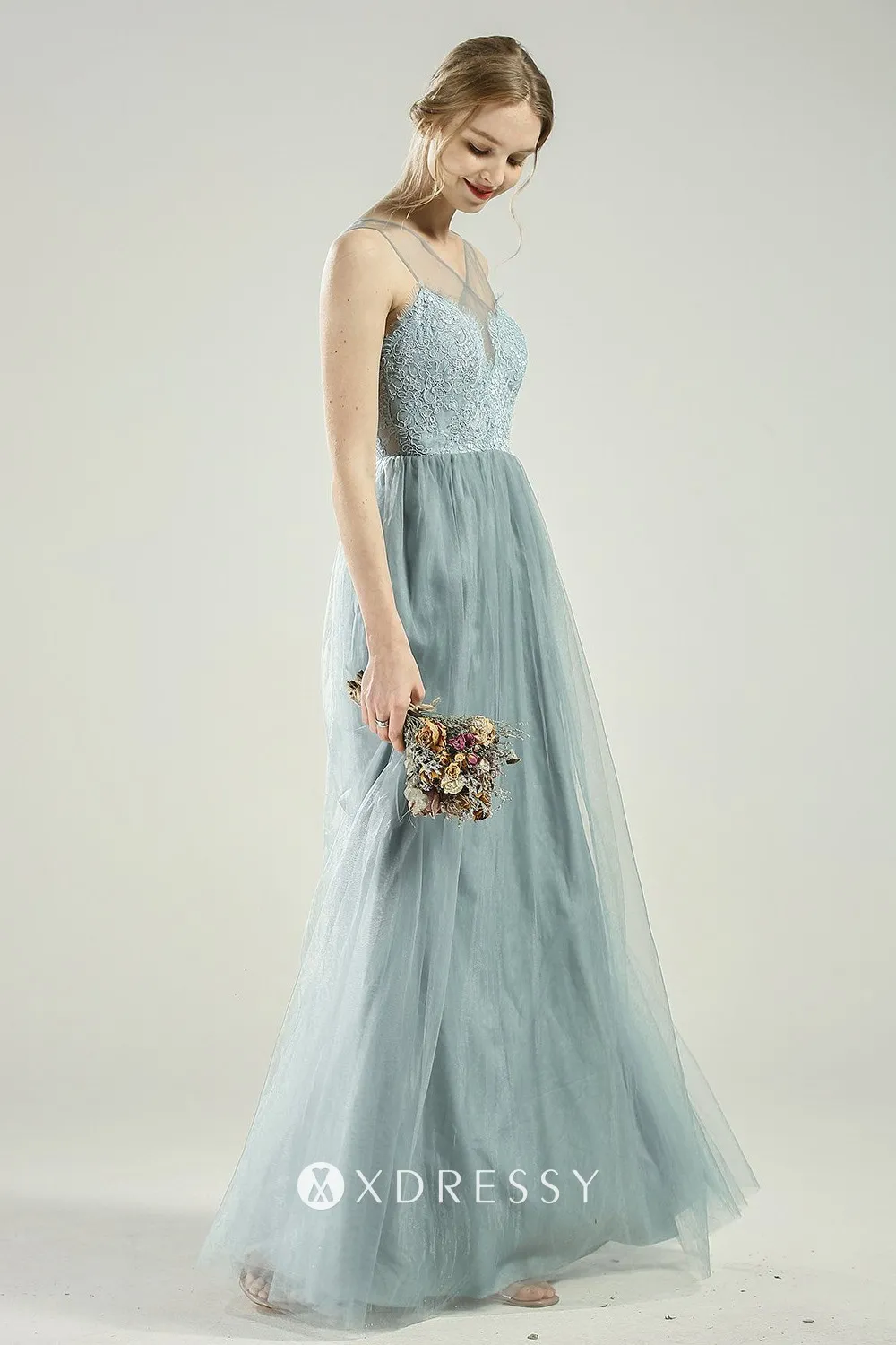 Long Dress with Lace Bodice and Straps Dusty Blue