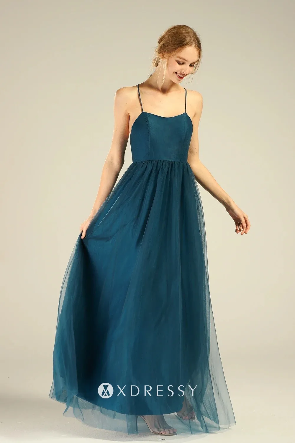 ink blue tulle A line bridesmaid dress with lace top overlay