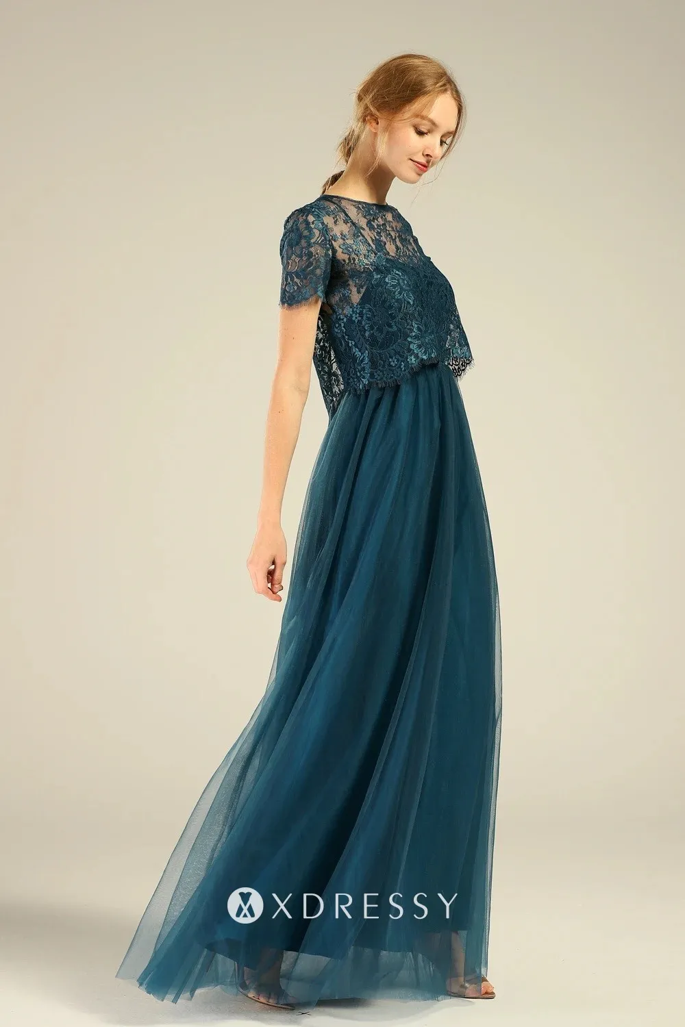 ink blue tulle bridesmaid dress with illusion sleeve lace top overlay