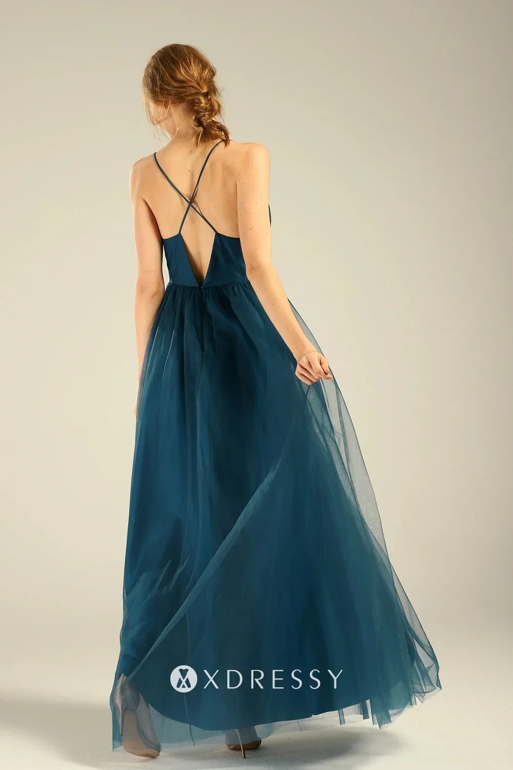 ink blue tulle thin strpas scoop neck bridesmaid dress