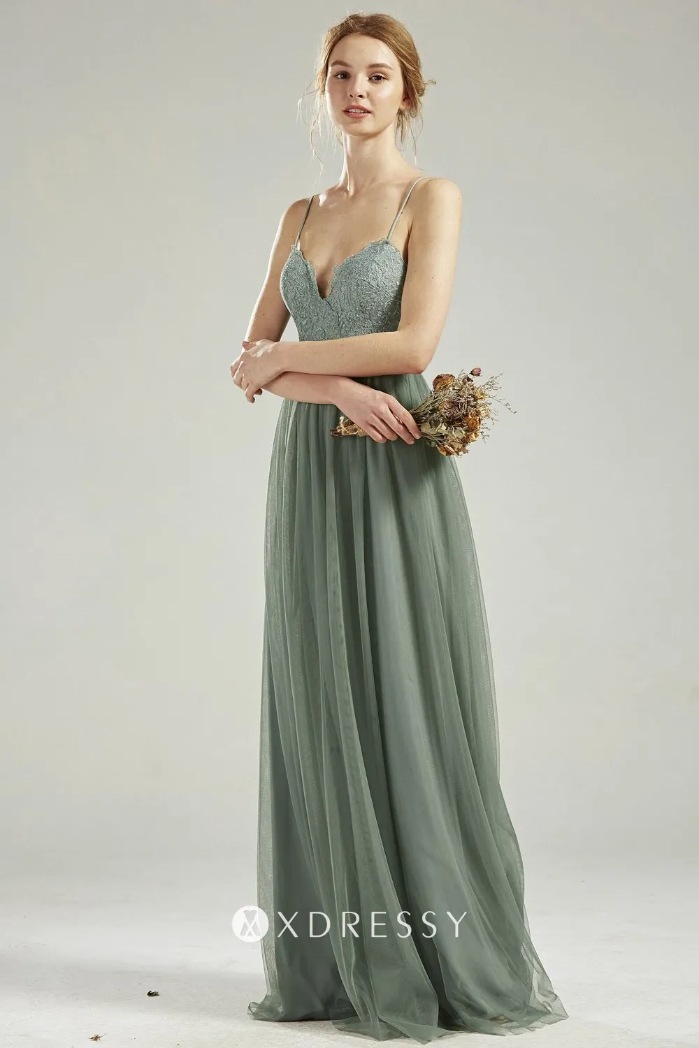 dusty sage lace tulle thin straps boho A line bridesmaid dress