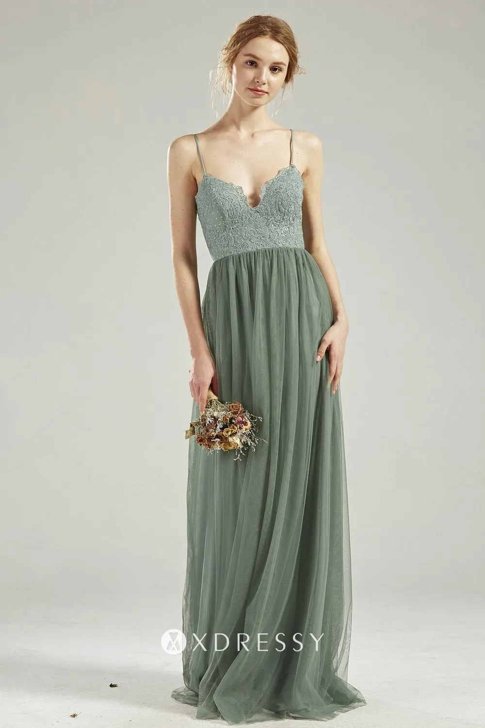 Dusty Sage Lace Tulle Thin Straps Boho Bridesmaid Dress Xdressy