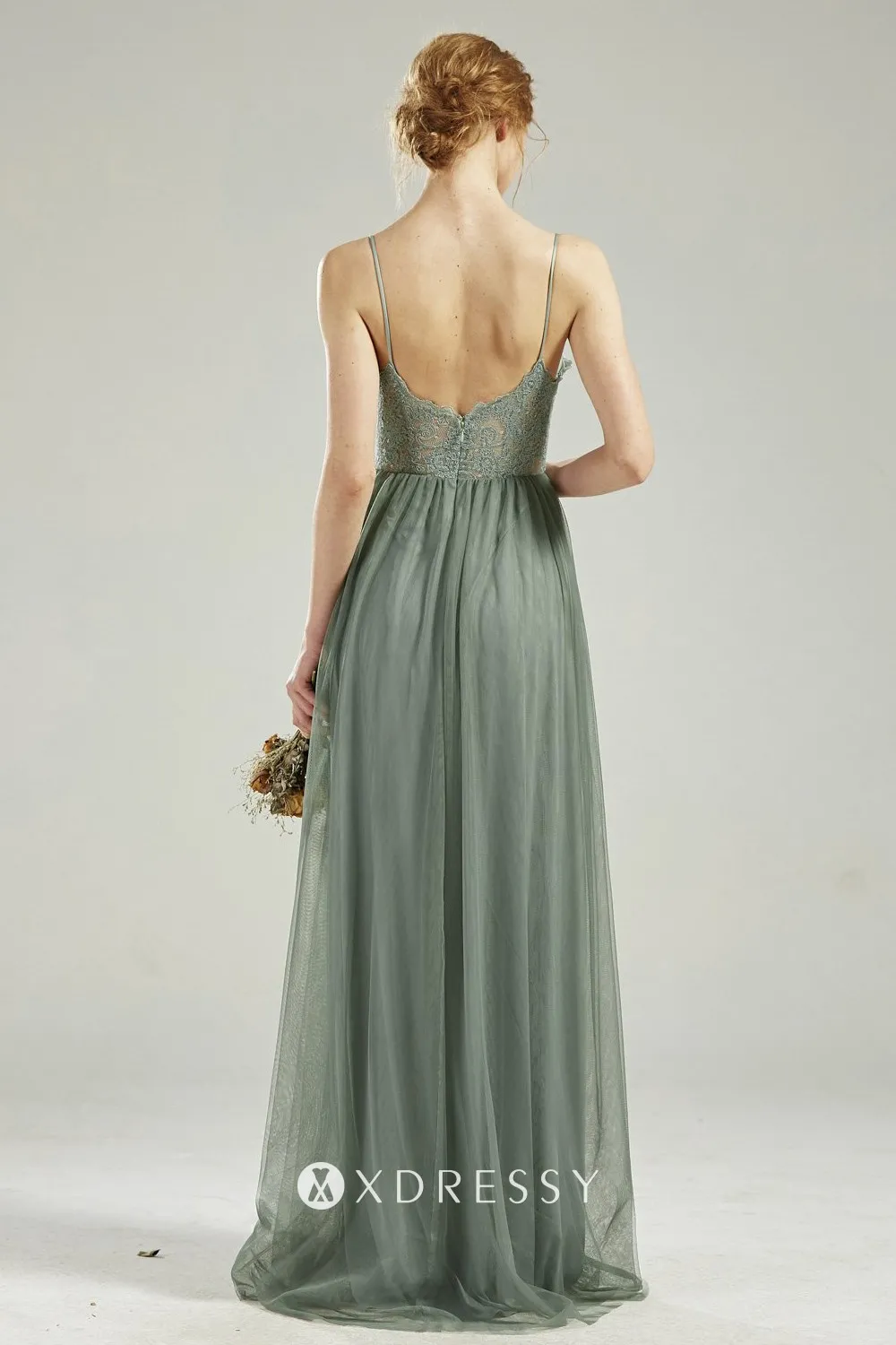 dusty sage lace tulle thin straps boho low back bridesmaid dress