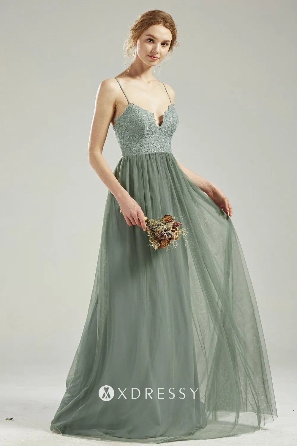 Dusty Sage Lace Tulle Thin Straps Boho Bridesmaid Dress Xdressy