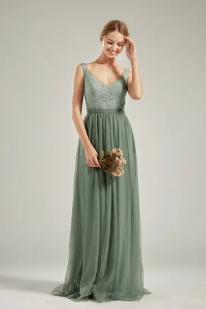 dusty sage lace tulle V neck A line bridesmaid dress