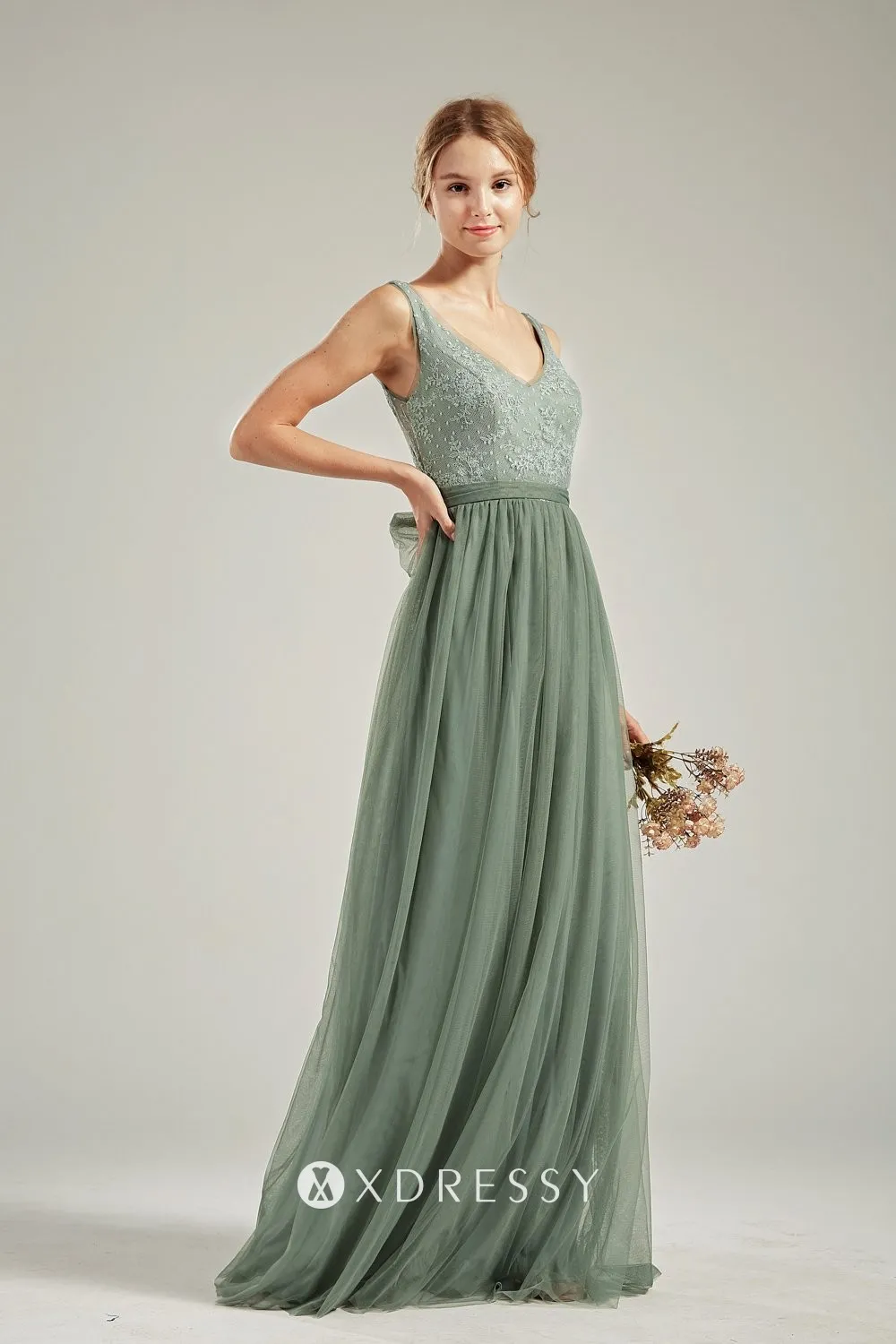 dusty sage lace tulle V neck A line bridesmaid gown