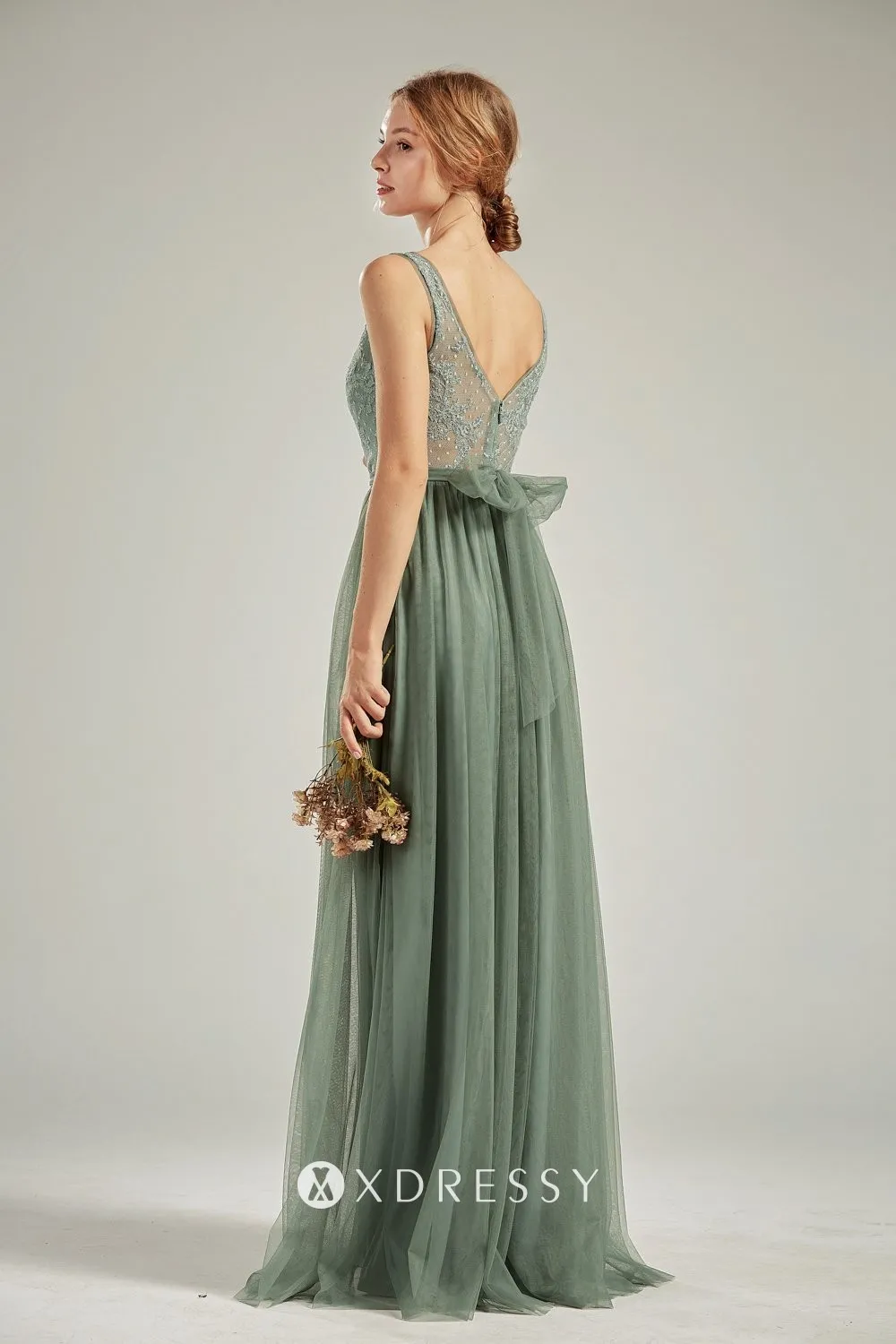dusty sage lace tulle V neck A line long bridesmaid dress
