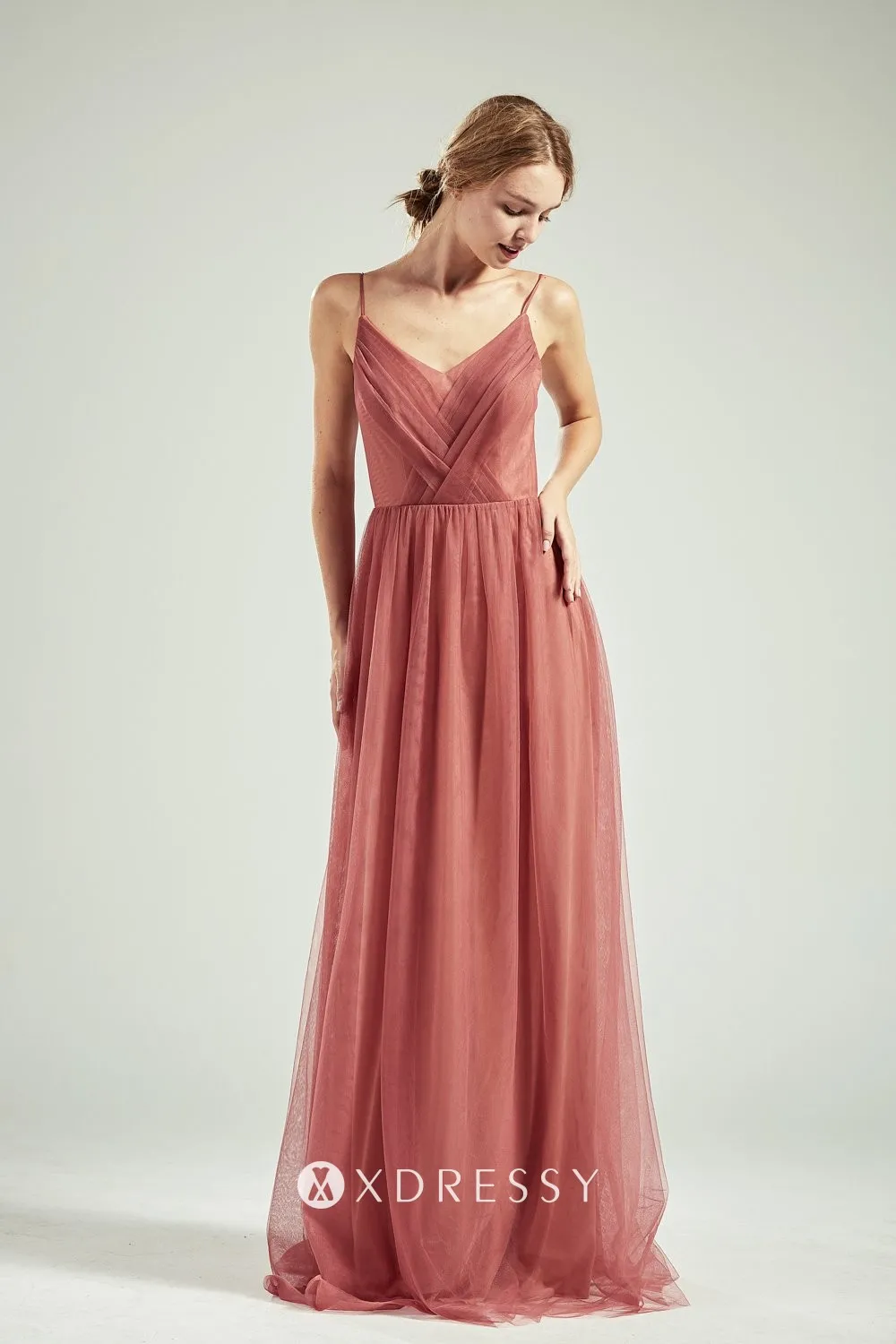 canyon rose tulle ruched V neck A line bridesmaid dress