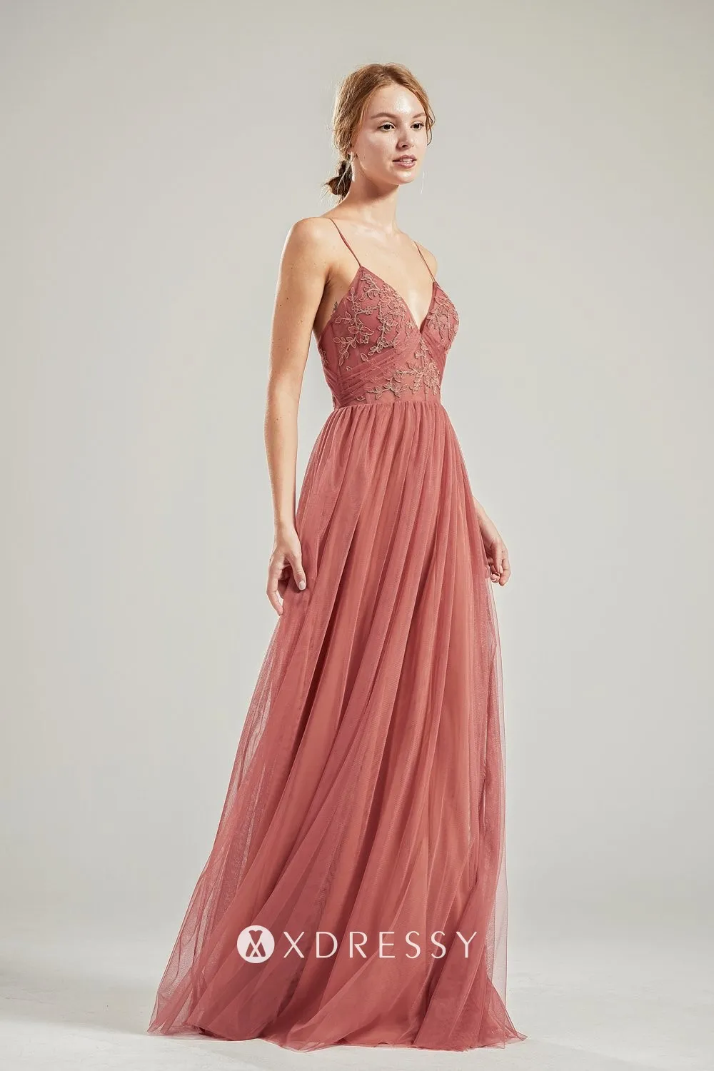 brick red lace tulle thin strpas V neck A line bridesmaid gown