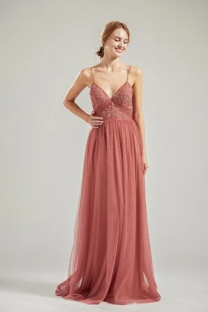 brick red lace tulle thin strpas V neck floor lwngth bridesmaid gown