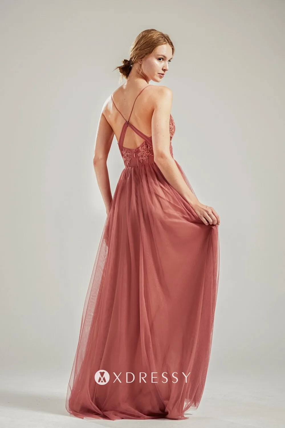 brick red lace tulle thin strpas V neck low back bridesmaid gown