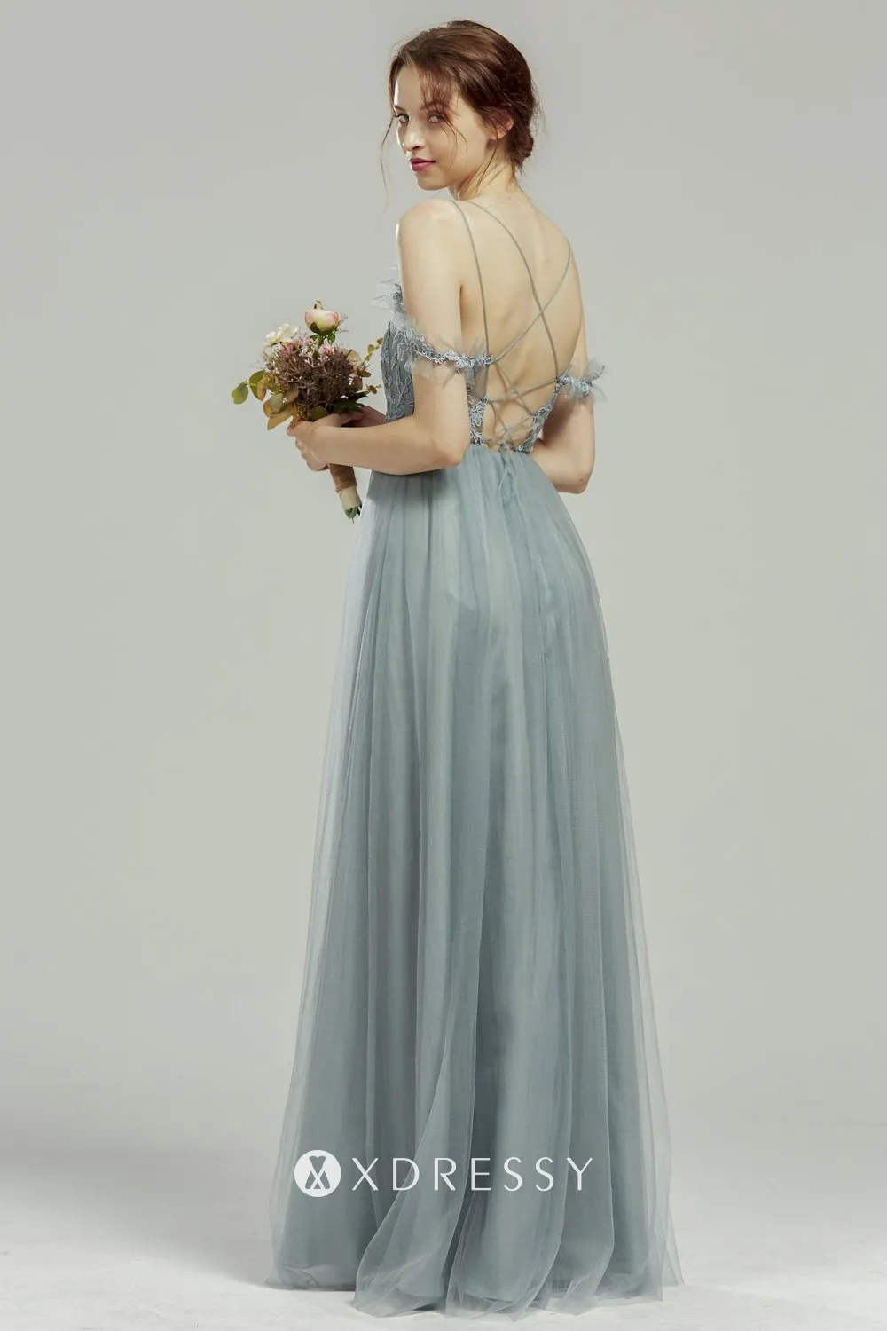 dusty blue lace tulle convertible cold shoulder A line bridesmaid dress dusty blue lace tulle convertible cold shoulder A line bridesmaid dress