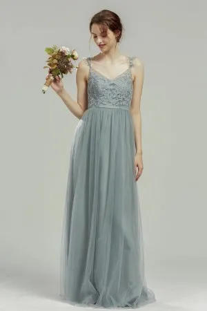 dusty blue lace tulle convertible cold shoulder bridesmaid dress