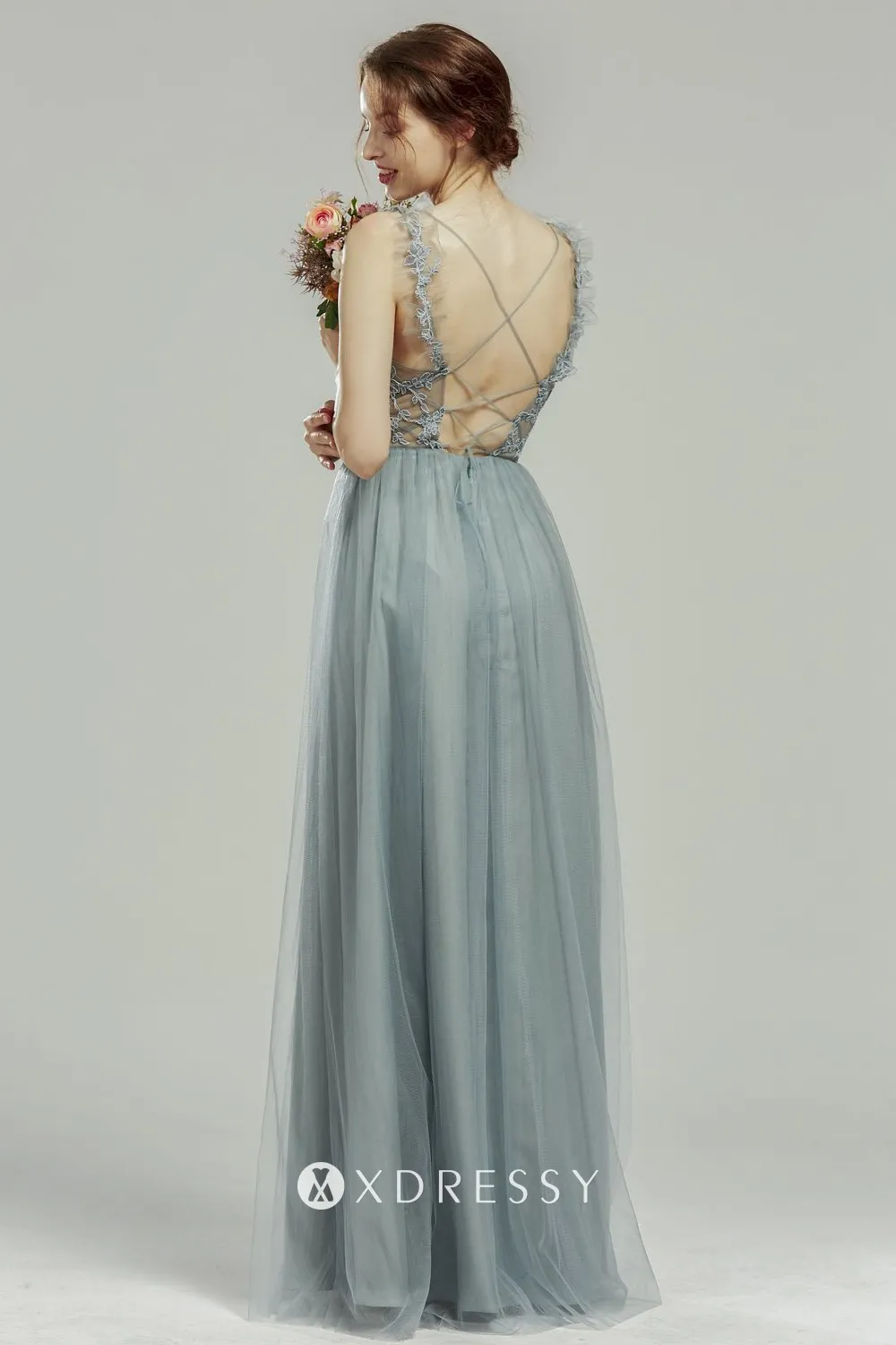 dusty blue lace tulle convertible cold shoulder thin straps bridesmaid dress dusty blue lace tulle convertible cold shoulder thin straps bridesmaid dress