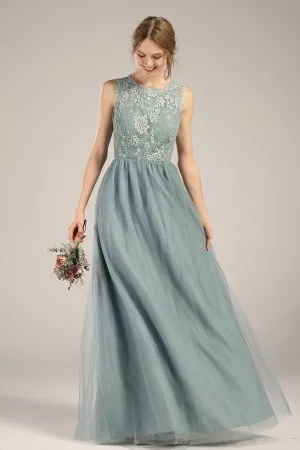 dusty blue lace tulle jewel neck long bridesmaid dress