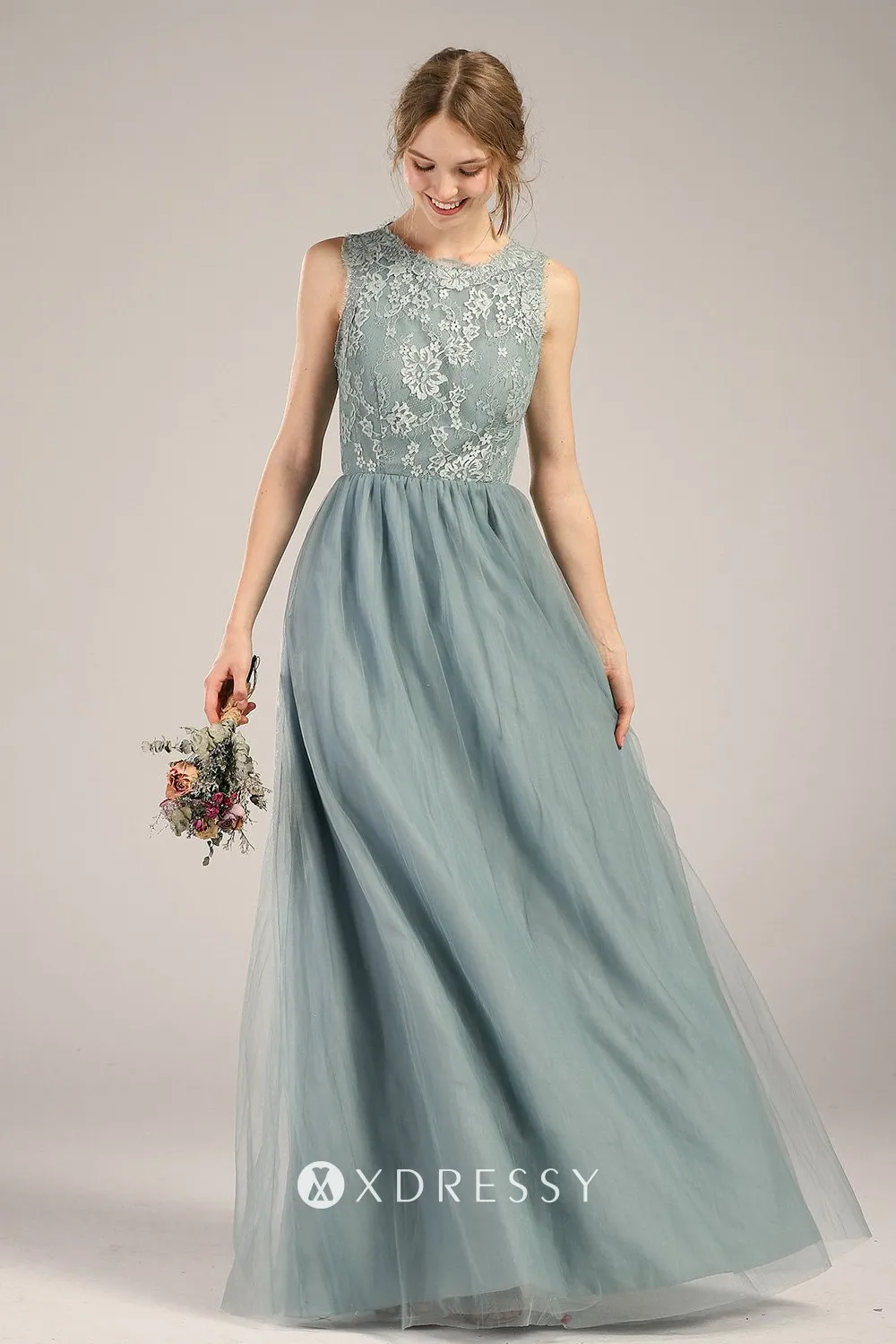 dusty blue lace tulle jewel neck long bridesmaid dress