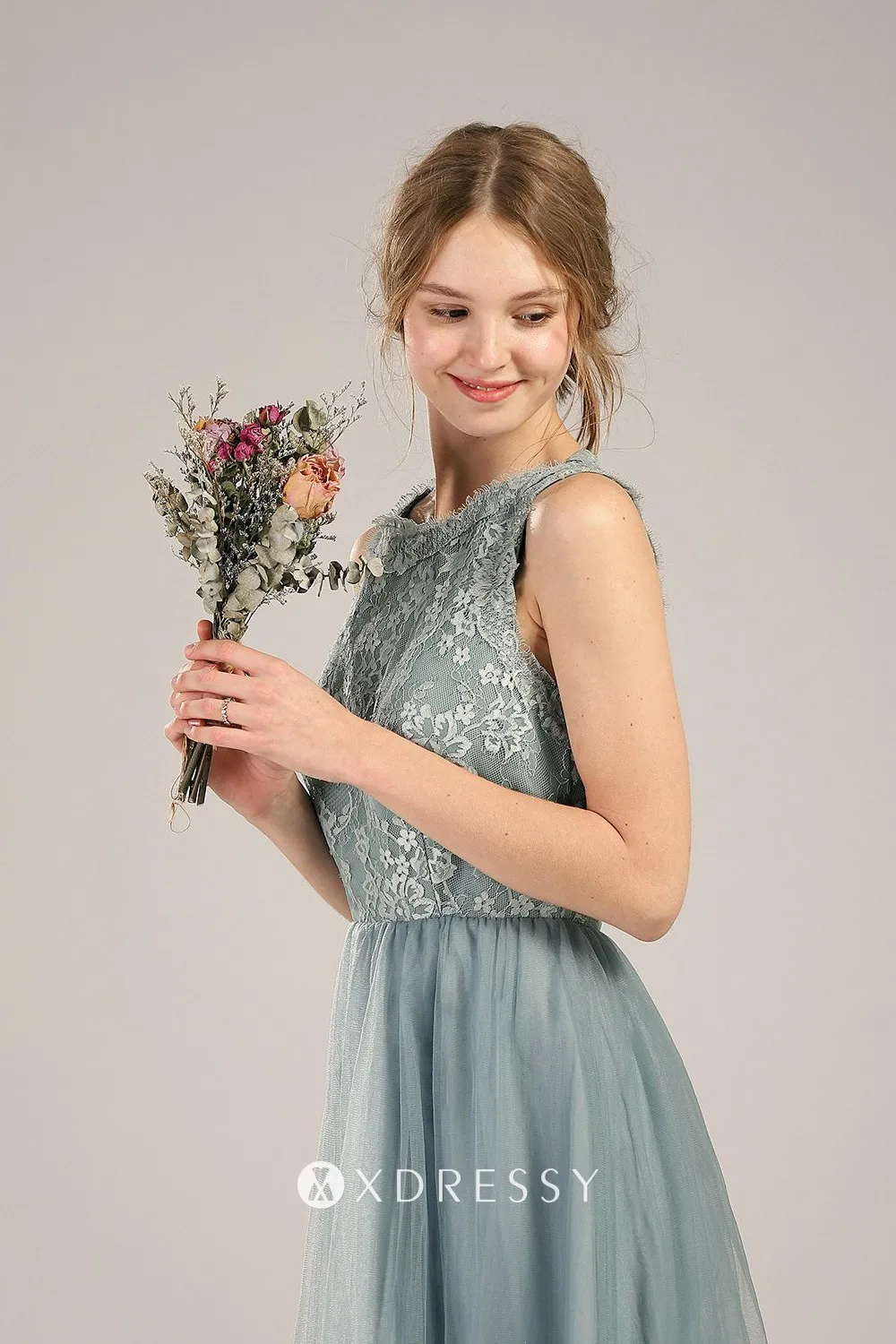 dusty blue lace tulle jewel neck sleeveless bridesmaid dress