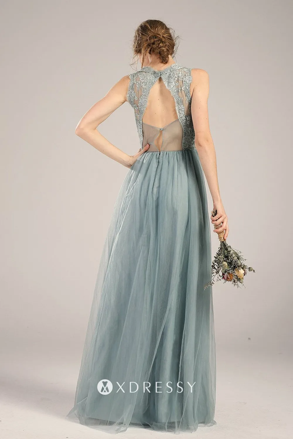 dusty blue lace tulle keyhole back long bridesmaid dress