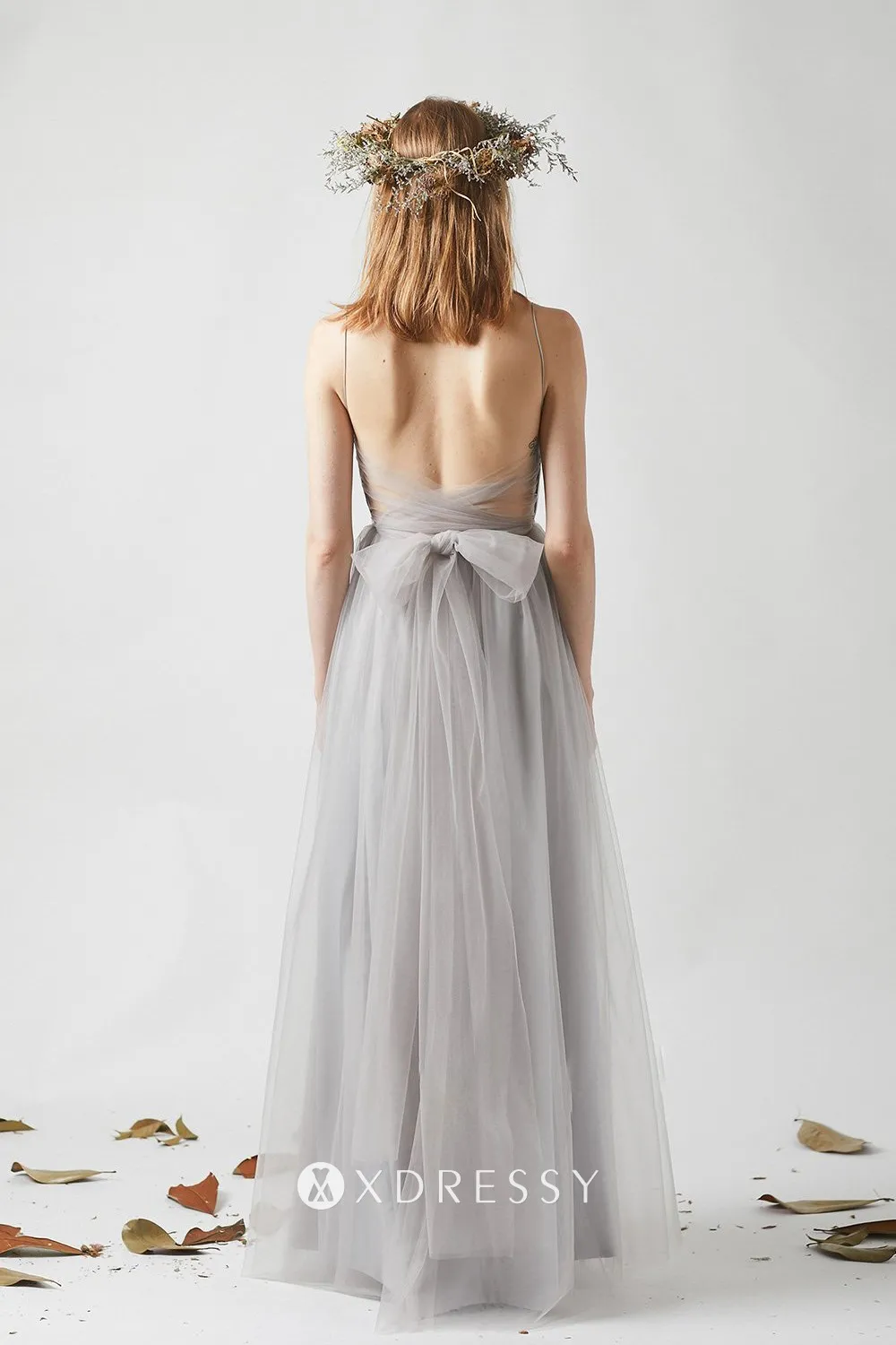 light grey tulle overlay thin straps open back bridesmaid dress light grey tulle overlay thin straps open back bridesmaid dress