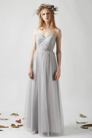 light grey tulle overlay thin straps sweetheart neck bridesmaid dress