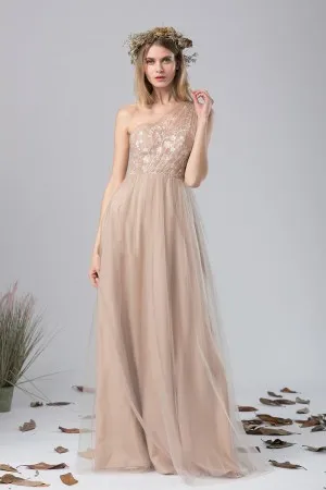 khaki nude one shoulder botanic lace tulle bridesmaid dress