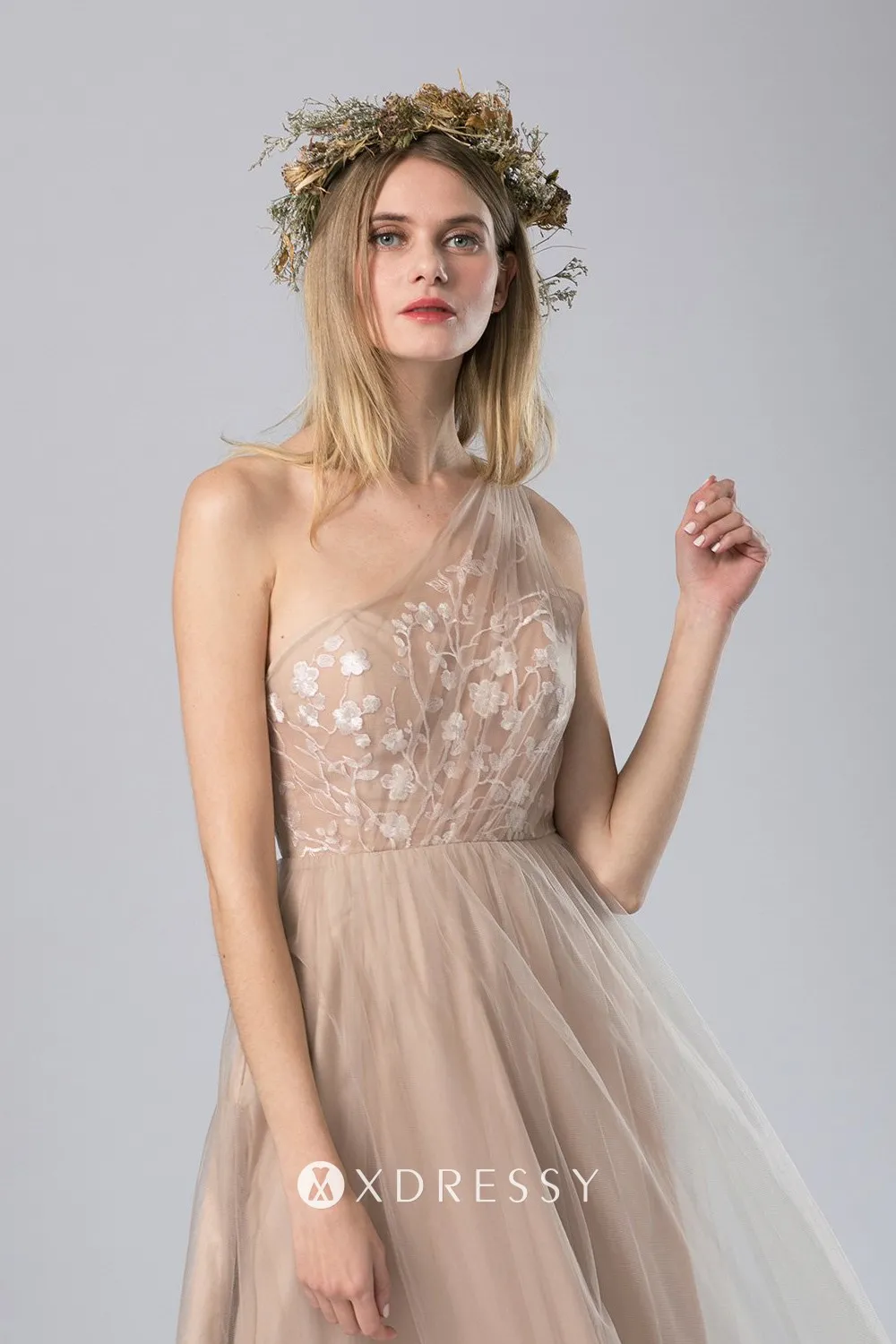 khaki nude one shoulder botanic lace tulle bridesmaid gown