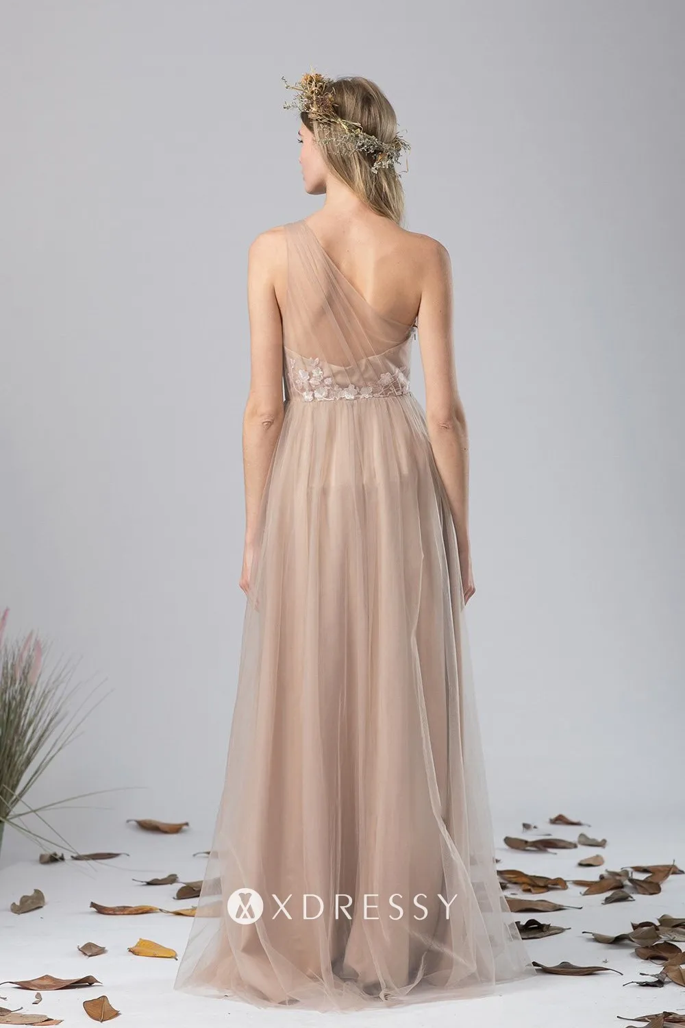 khaki nude one shoulder botanic lace tulle long bridesmaid dress