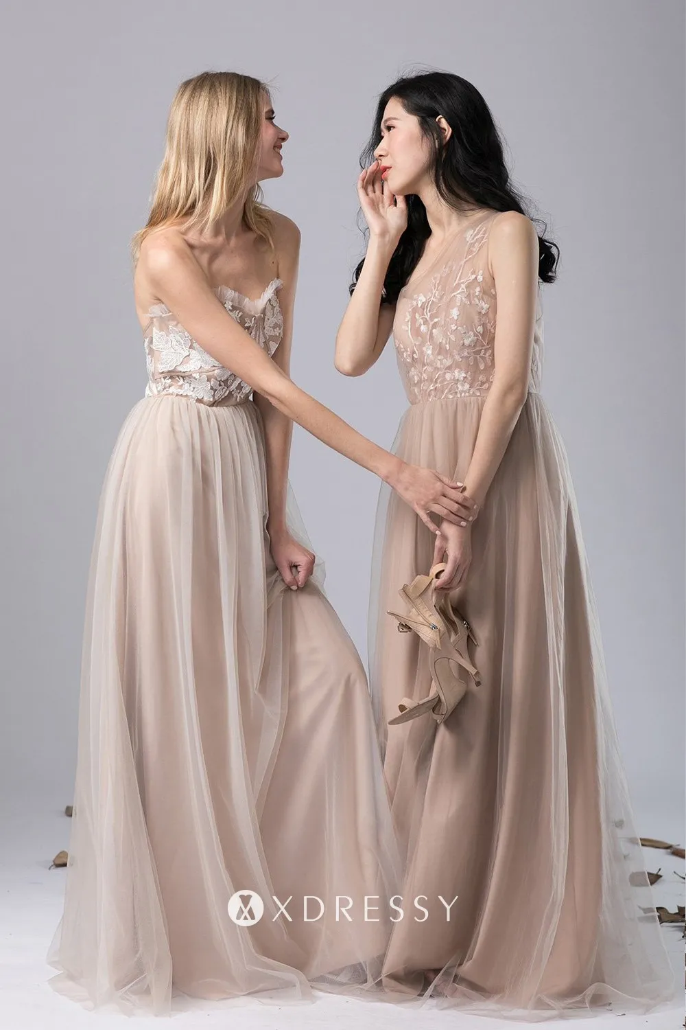 khaki nude sleeveless bridesmaid dress