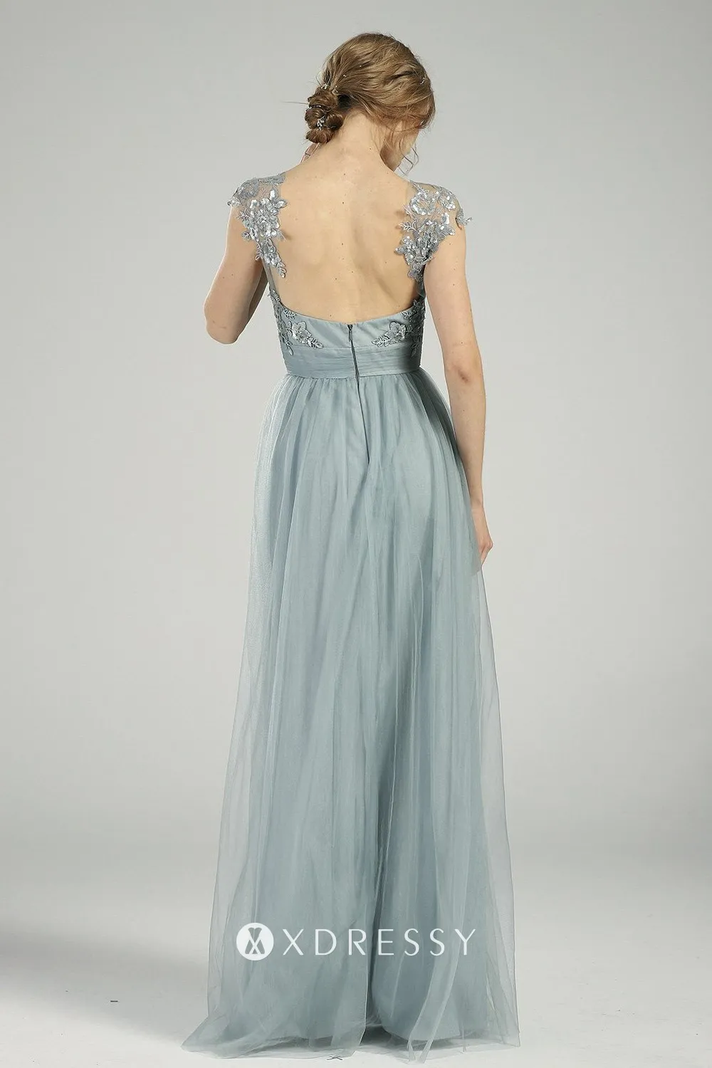 dusty blue tulle low back floor length bridesmaid dress