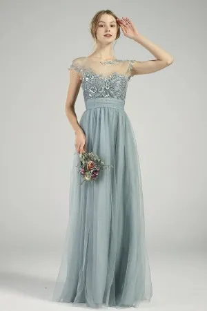 sequin lace dusty blue tulle cap sleeve bridesmaid dress
