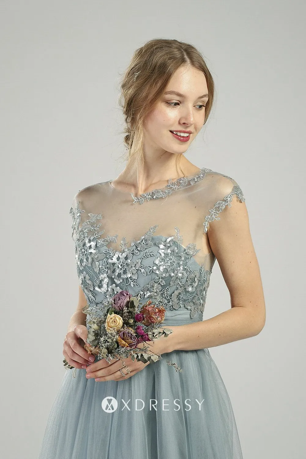 sequin lace dusty blue tulle illusion cap sleeve bridesmaid gown