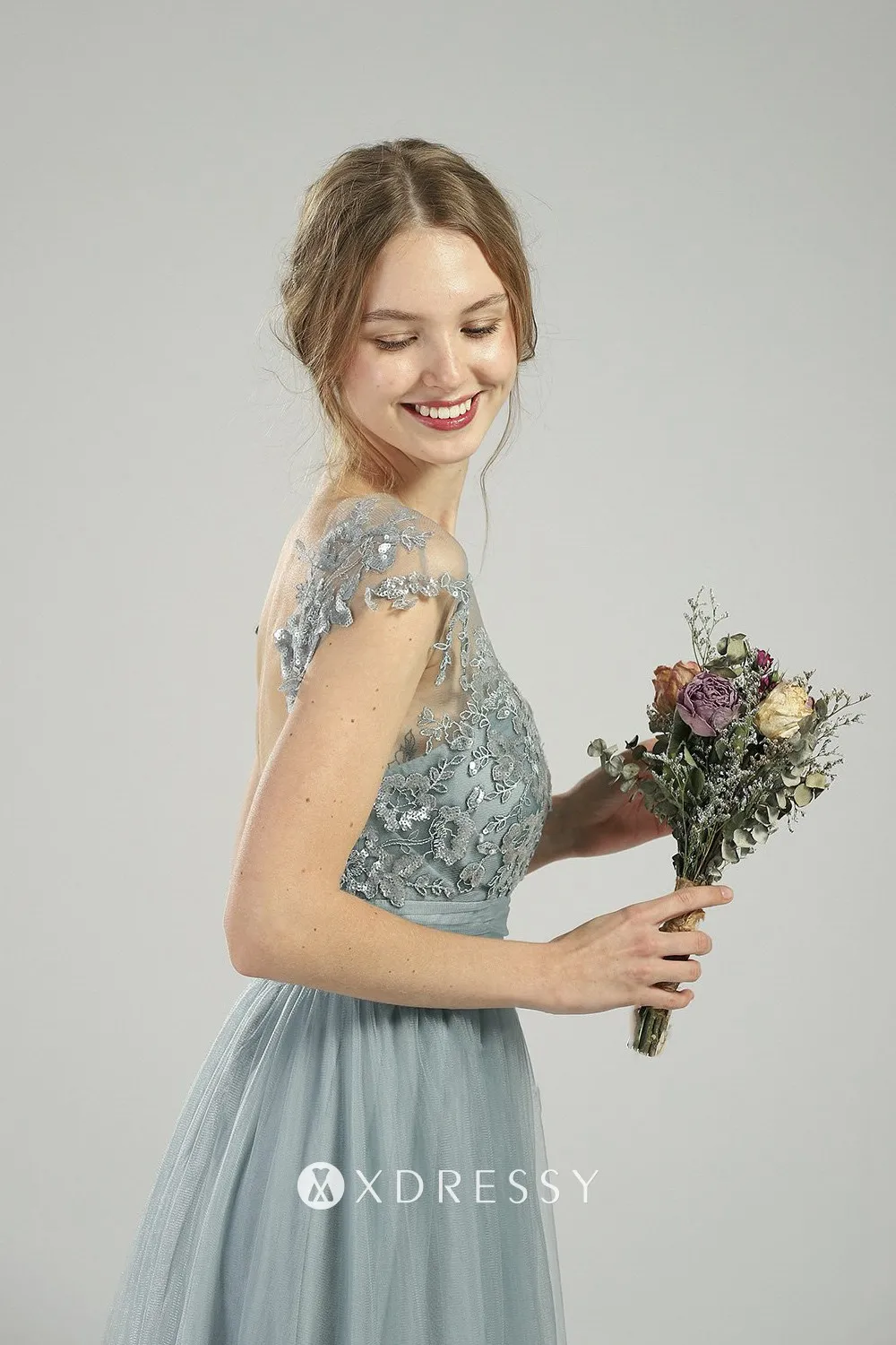 sequin lace dusty blue tulle illusion cap sleeved bridesmaid dress