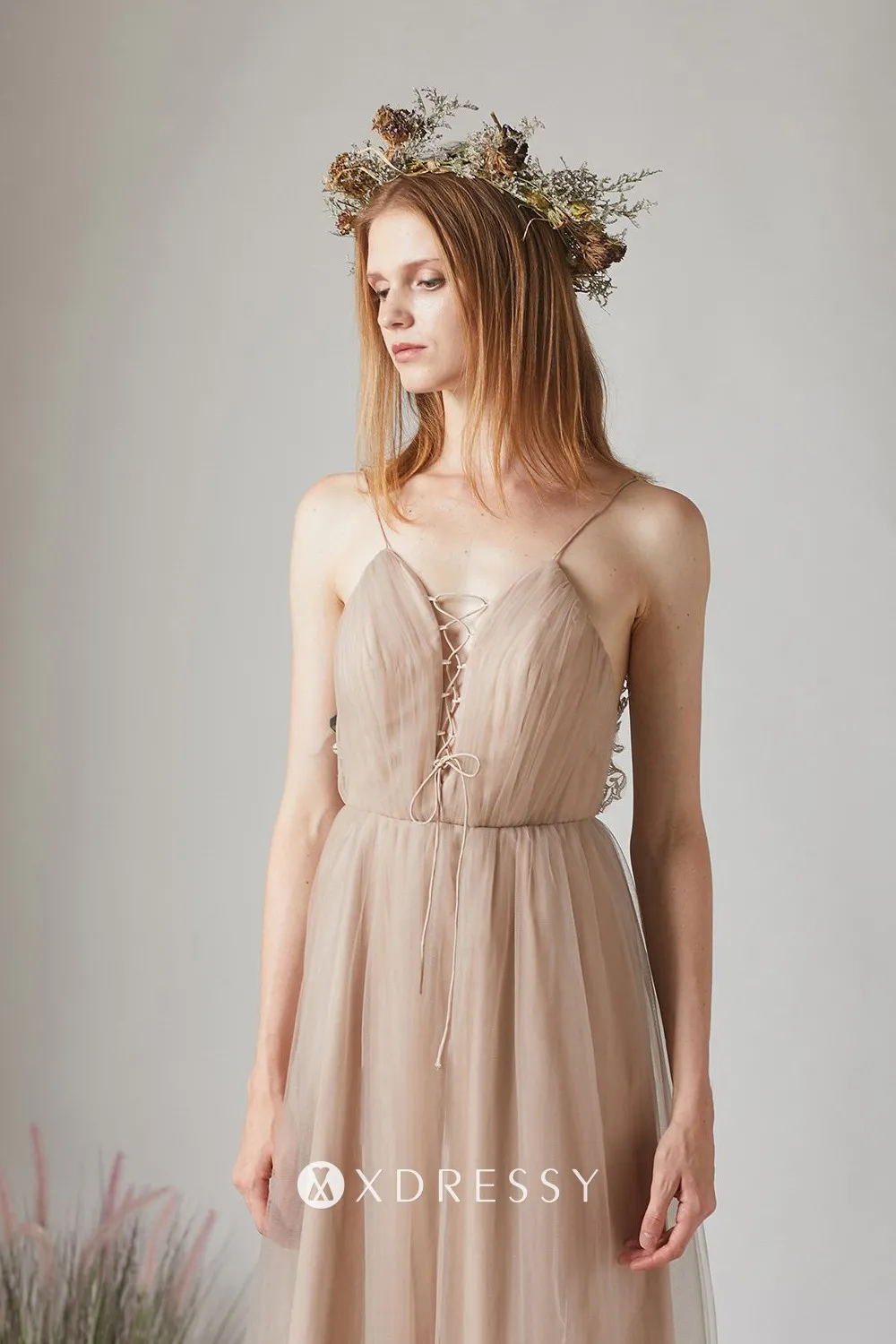 nude tulle deep V neck bridesmaid dress nude tulle deep V neck bridesmaid dress