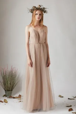 nude tulle deep V neck spaghetti straps bridesmaid dress