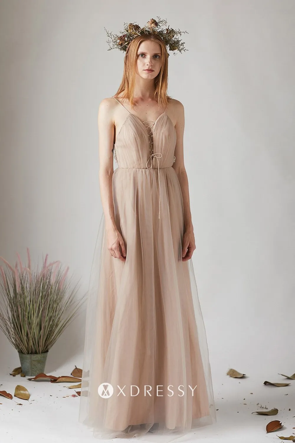 nude tulle deep V neck spaghetti straps bridesmaid dress nude tulle deep V neck spaghetti straps bridesmaid dress
