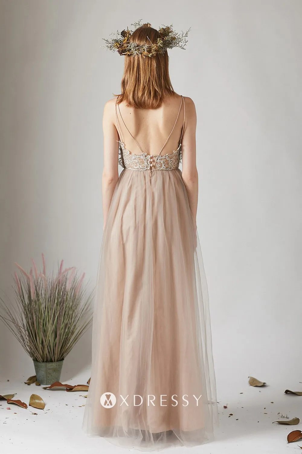 nude tulle spaghetti straps low back bridesmaid dress nude tulle spaghetti straps low back bridesmaid dress