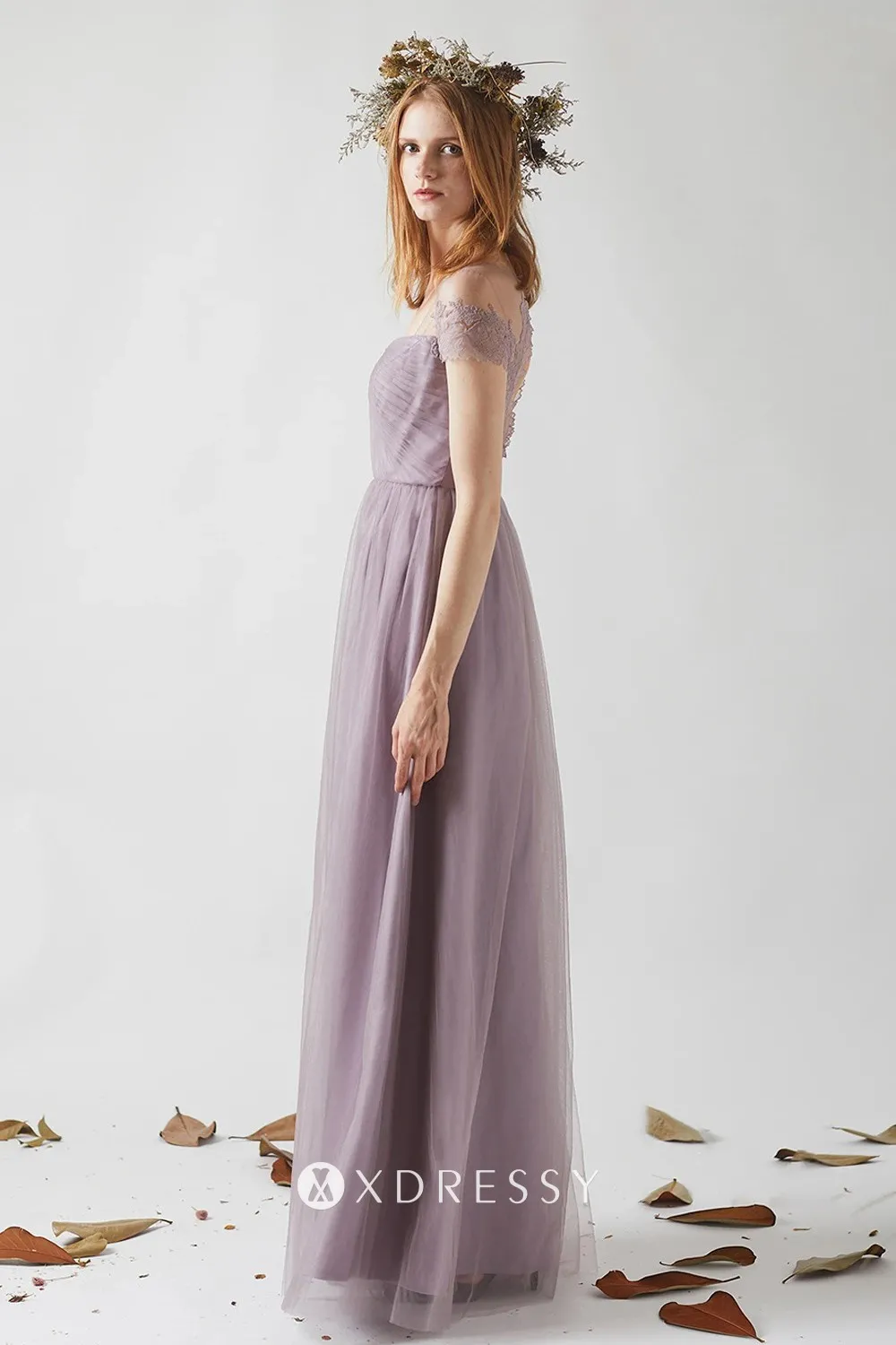 retro mauve lace tulle short sleeve long dress