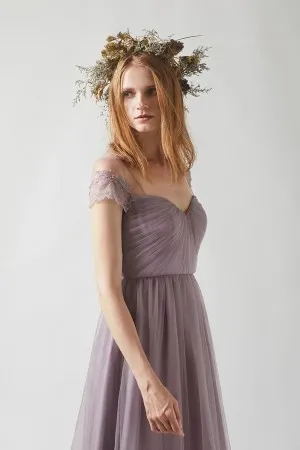retro mauve lace tulle short sleeve ruched long dress