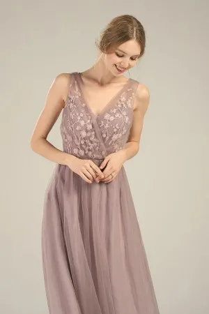 sassy tan lace tulle V neck A line bridesmaid dress