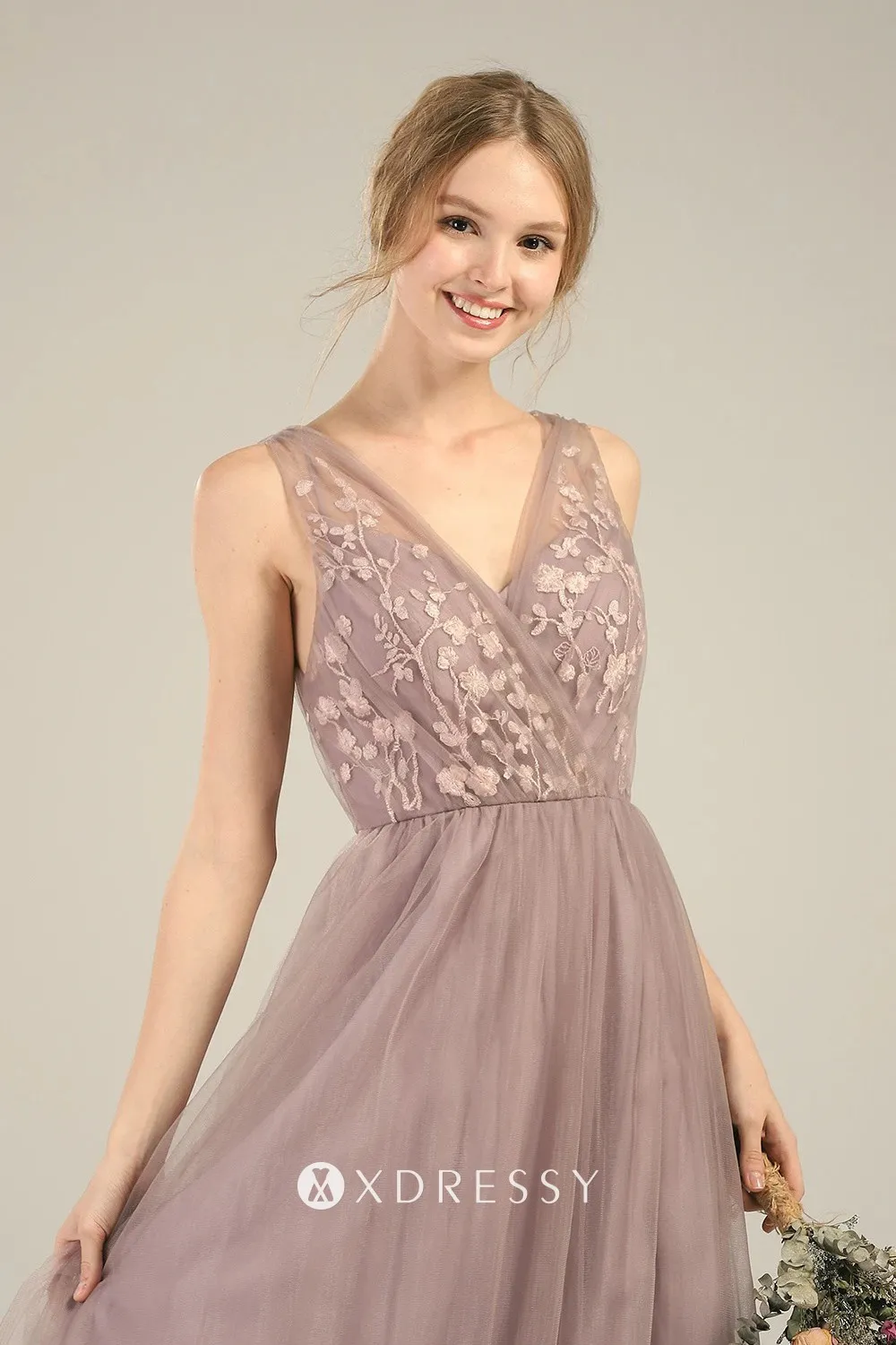 sassy tan lace tulle V neck A line bridesmaid gown sassy tan lace tulle V neck A line bridesmaid gown