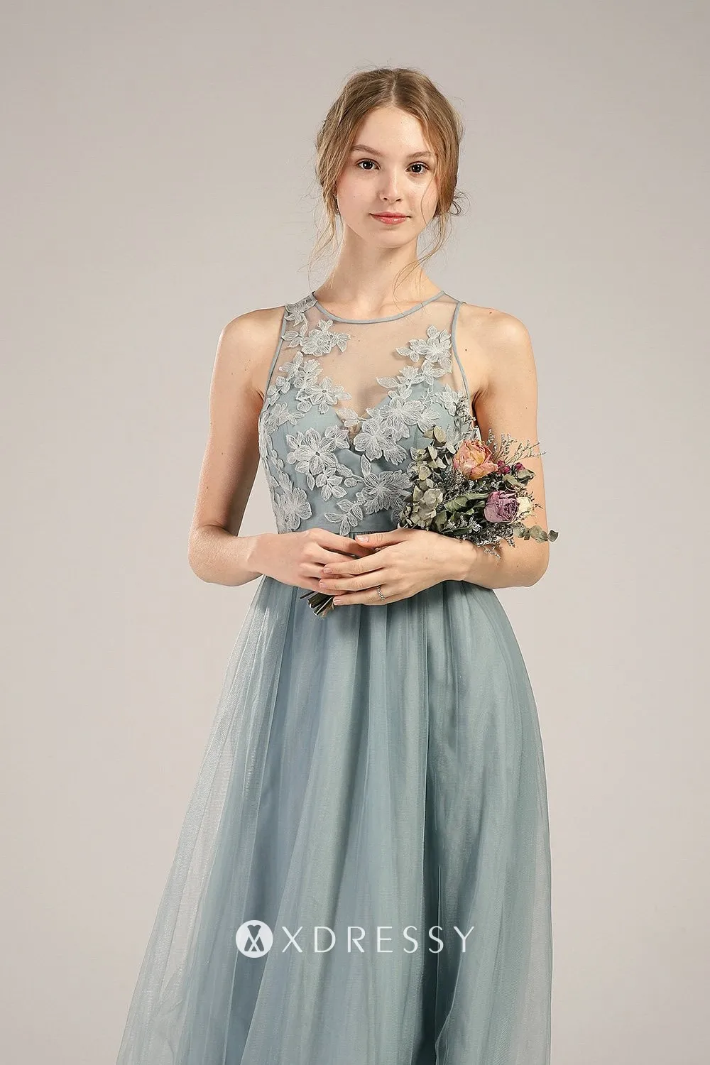 dusty blue floral lace bodice with illusion neck dusty blue floral lace bodice with illusion neck