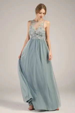 dusty blue floral lace tulle overlay illusion neck dress