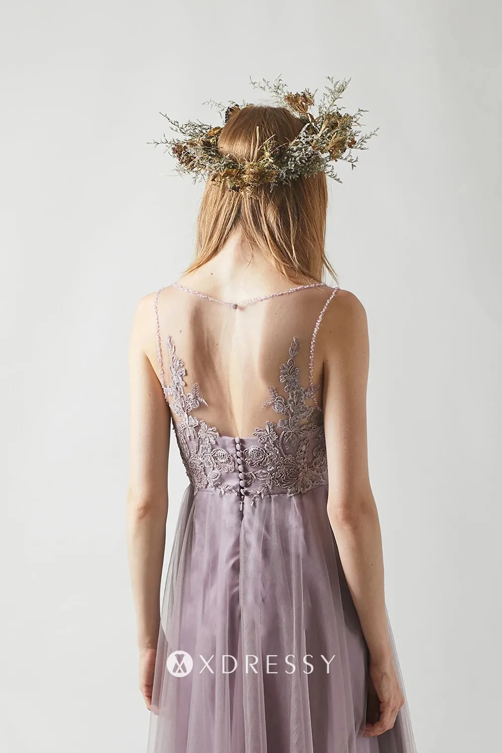 vintage mauve lace tulle illusion back bridesmaid dress