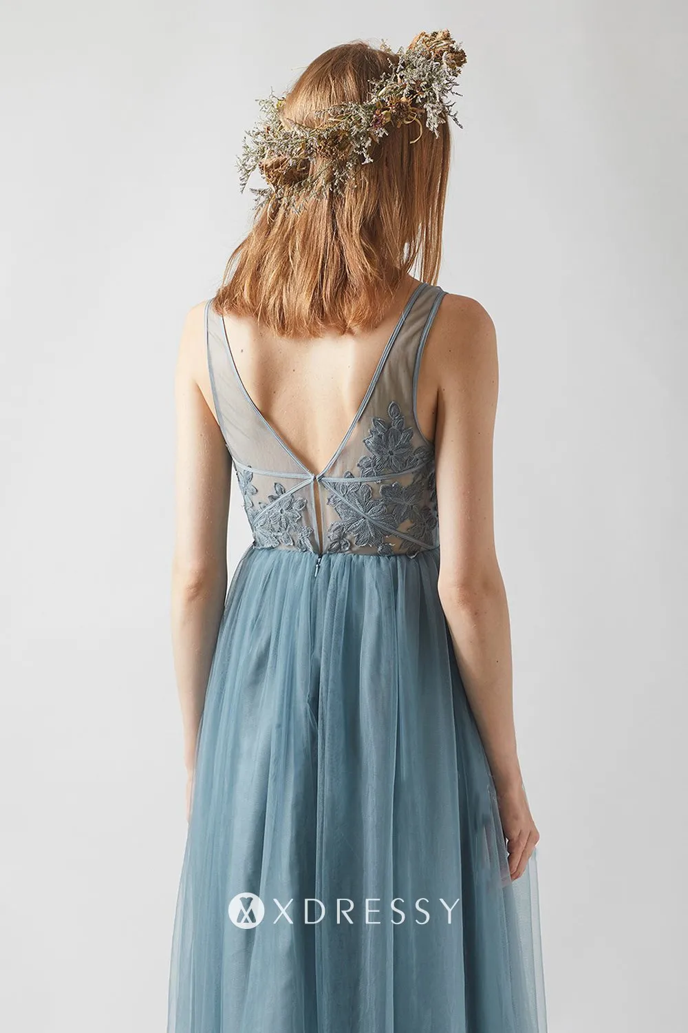 dusty blue lace tulle V back bridesmaid dress