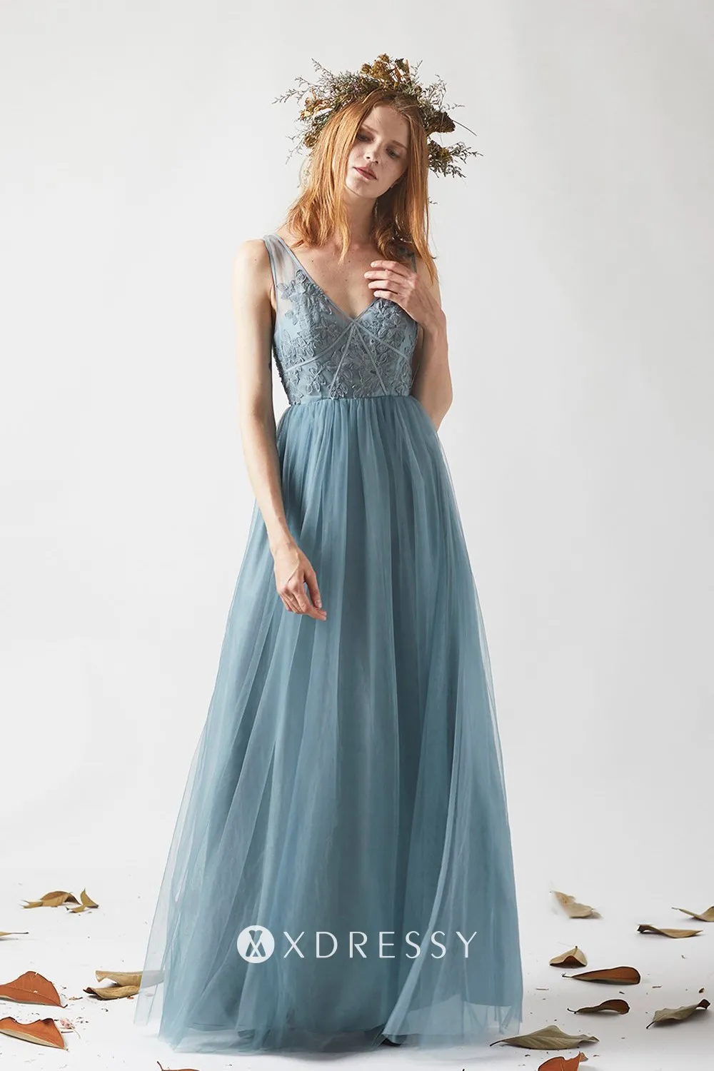 dusty blue lace tulle V neck bridesmaid dress