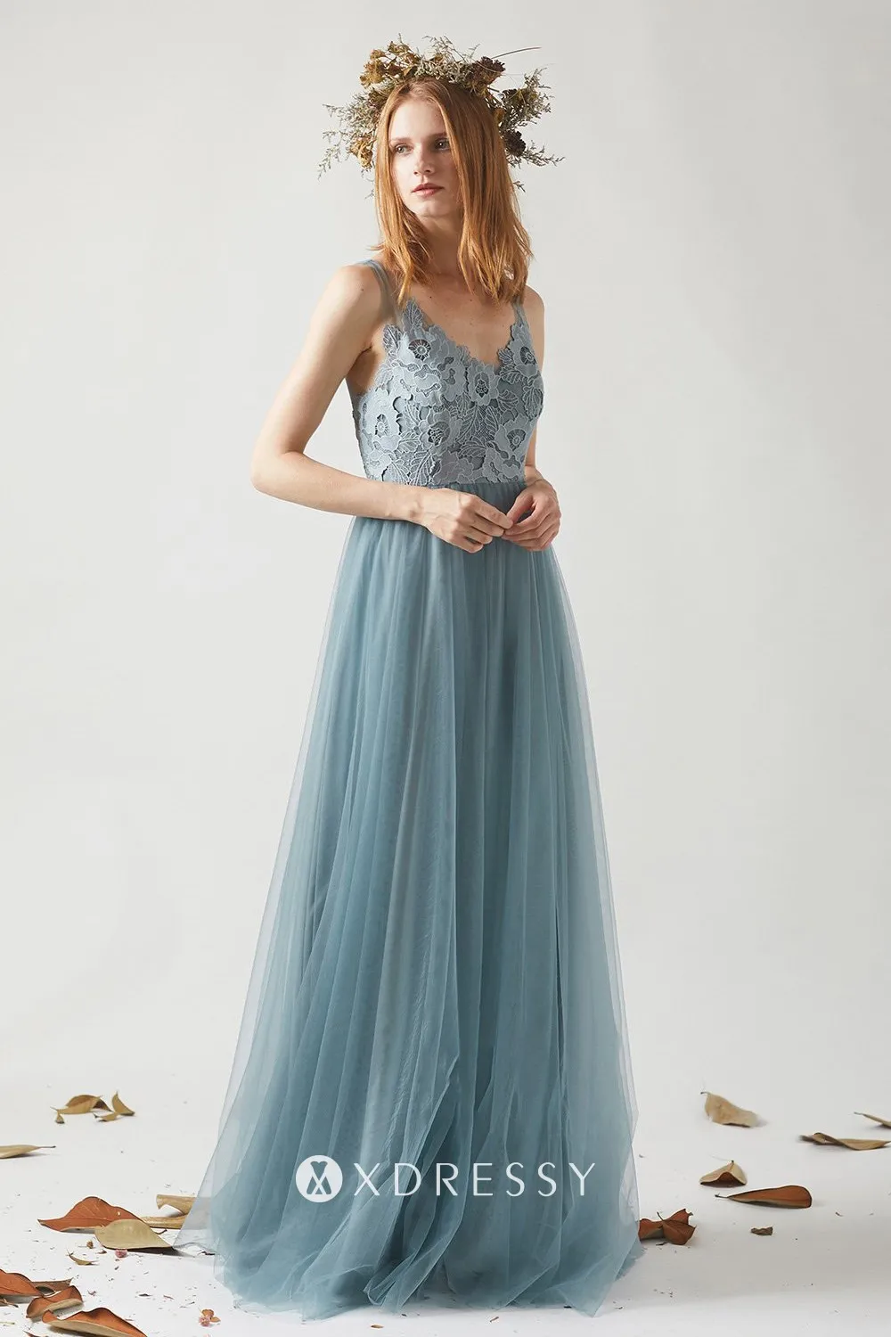 dusty blue lace tulle V neck A line maid of honor gown dusty blue lace tulle V neck A line maid of honor gown