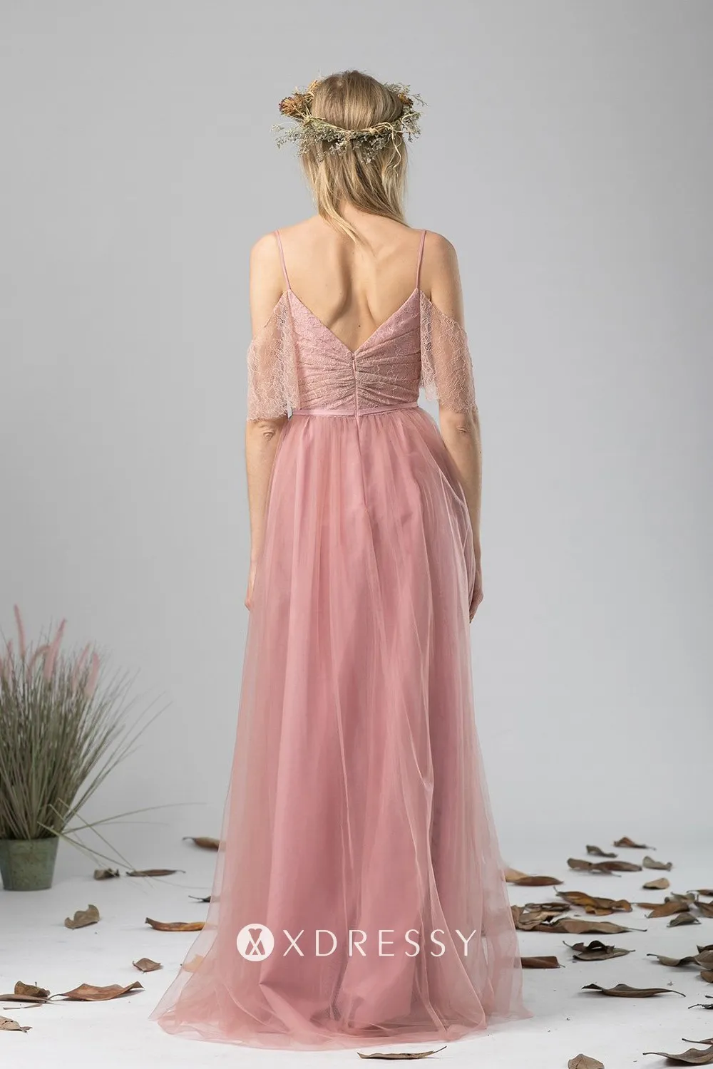dusty pink lace tulle cold shoulder V back long bridesmaid dress dusty pink lace tulle cold shoulder V back long bridesmaid dress