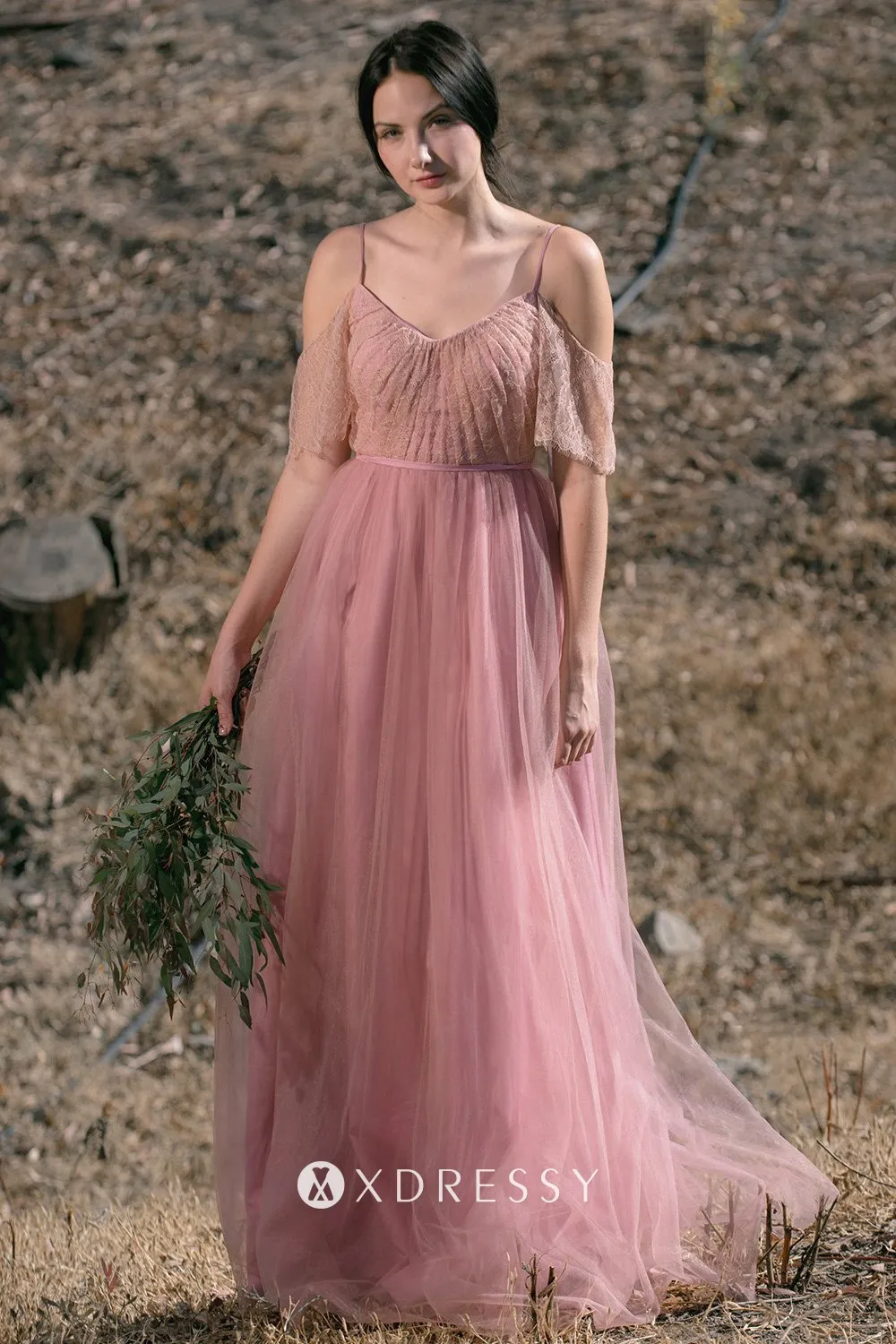 dusty pink lace tulle cold shoulder V neck long maid of honor dress dusty pink lace tulle cold shoulder V neck long maid of honor dress