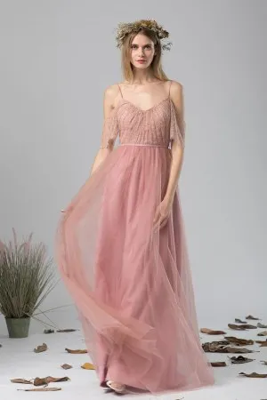 dusty pink lace tulle cold shoulder long dress